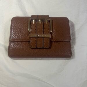 Michael Kors Brown Leather Wallet Gold Buckle Logo Snap Closure
